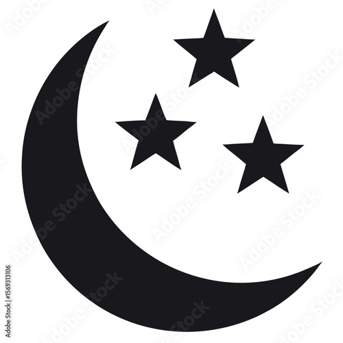 Black crescent moon and three stars graphic isolated on white background