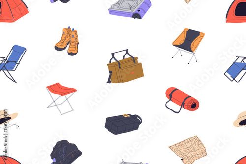 Repeatable pattern of hiking items- first aid kit, tents, folding chairs, map, thermal clothing. Endless background of trekking tools to travel in nature, camping. Flat seamless vector illustration