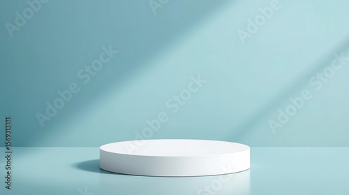 Abstract empty white podium with geometric shadows on blue background. Mock up stand for product presentation. Minimal concept 
