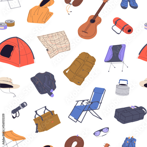 Repeatable pattern of hiking items, trekking tools. Endless background with tent, chairs, backpack, clothes for camping, survival supplies for travelling to nature. Flat seamless vector illustration