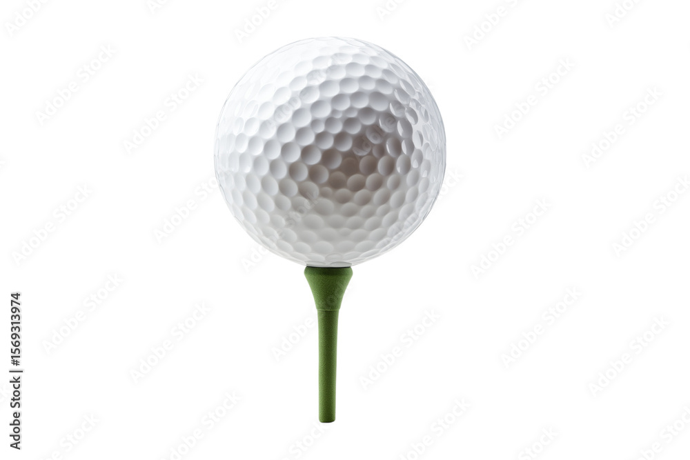 Fototapeta premium pristine white golf ball perched atop green tee isolated on white background