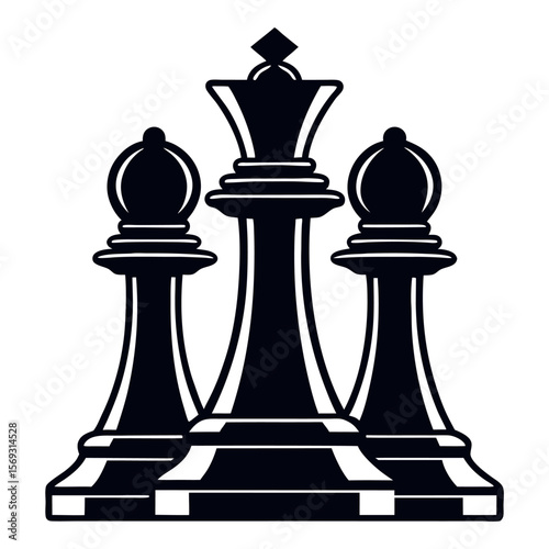 Three dark chess pieces including king and bishops isolated on white background