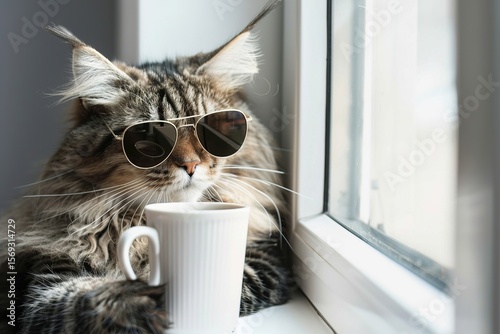 Whimsical Feline Persona: A Maine Coon in Anthropomorphic Attire – Magic Hats, Glasses, Sunglasses, Swimming Goggles & More, in Close-Up on White Background
Get up close with a charmingly anthropomorp