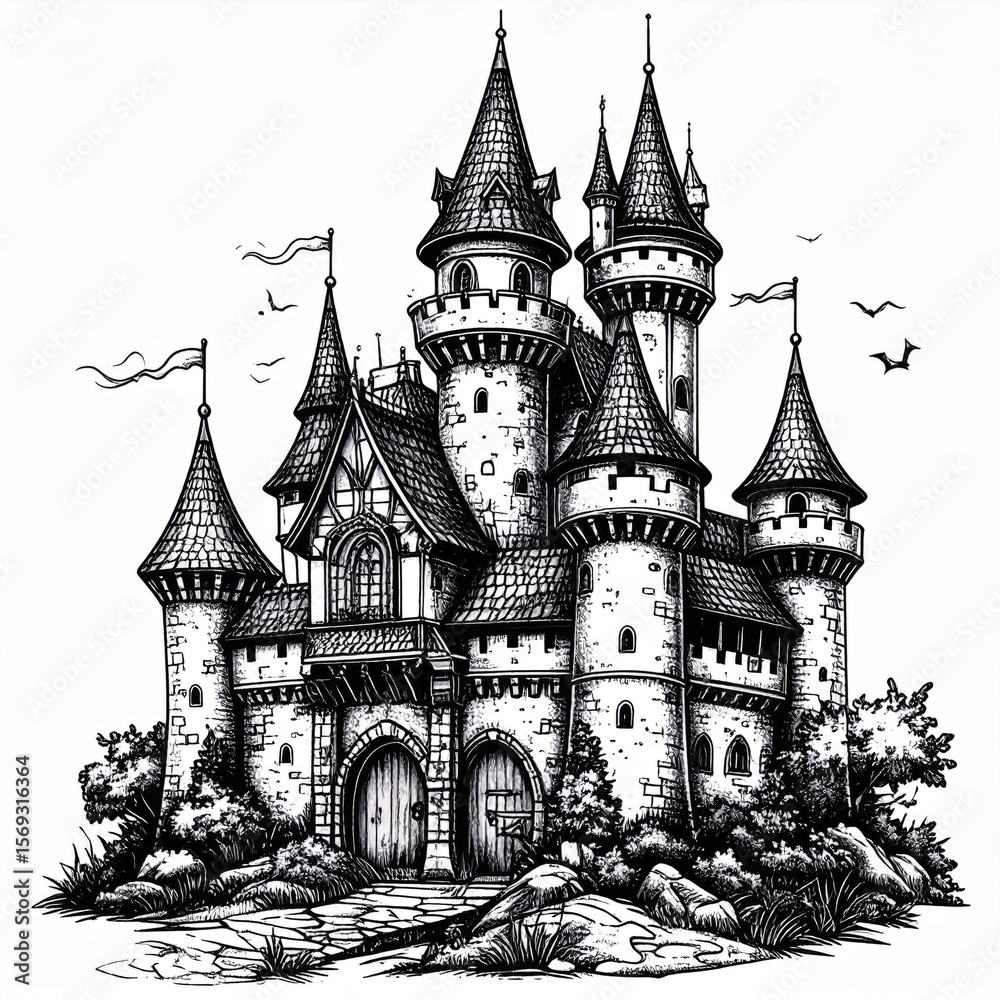 Fototapeta premium Black And White Illustration Of A Medieval Castle