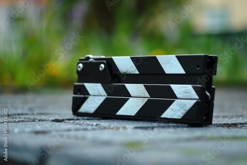 Movie slate rests on a cobblestone surface, evoking the atmosphere of filmmaking