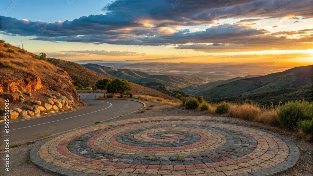 Fototapeta premium Scenic overlook with a spiral stone pattern at sunset overlooking rolling hills and a valley