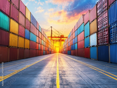 Wallpaper Mural Colorful cargo containers create a vibrant pathway as the sun sets over a bustling shipping port, illuminating the sky and reflecting off the smooth pavement. Torontodigital.ca