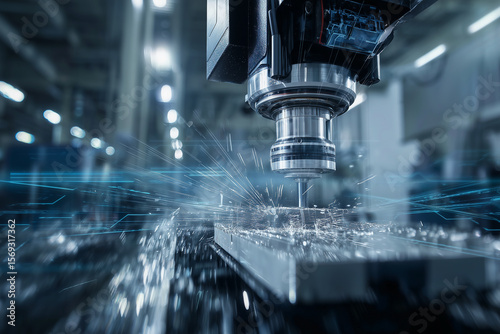 CNC machine center stage, its spindle moving with fluid precision as it carves into a piece of metal, blurry of the factory environment 