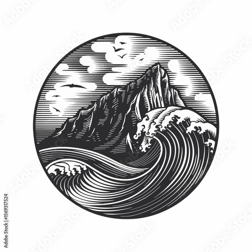Bold waves crash beneath towering mountain in stylized circular design.

