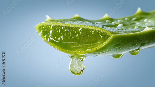 Aloe vera leaf with a fresh gel droplet falling, showcasing its moisturizing and healing properties against a soft blue background.