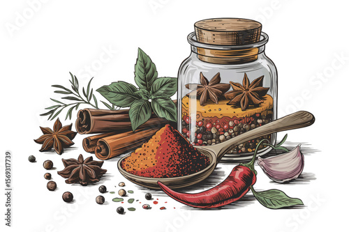 Assortment of Aromatic Spices and Herbs Illustration.