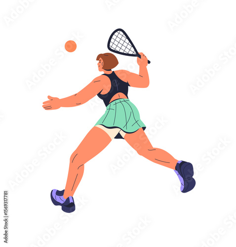 Squash player hits ball with racket back view. Sportswoman plays padel tennis in court. Athlete contests in racquet game. Young sports woman is at match. Flat isolated vector illustration on white