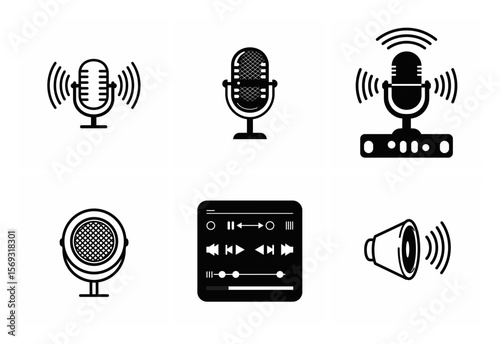 Collection of audio equipment and control panel icons silhouette