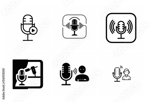 Microphone icon set for podcasting and recording silhouette