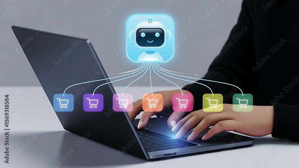 Fototapeta premium Hands typing on a laptop with a chatbot icon connecting to shopping cart icons, representing online shopping and AI assistance.