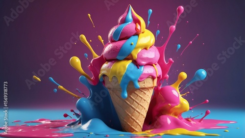 Colorful Ice Cream Cone Splash Effect on Gradient Background – Vibrant Dessert Art for Summer and Sweet Treat Themes