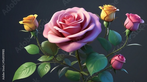 Elegant Bouquet of Pink and Yellow Roses with Lush Leaves – Romantic Floral Arrangement on Dark Background