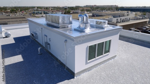 Commercial rooftop with built-up roofing system ventilation for urban buildings.
