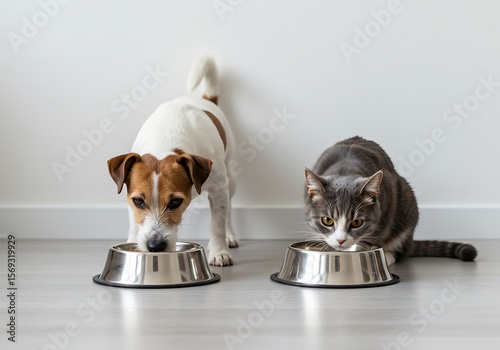 Dogs and Cats Enjoying Meals Together. Generative Ai