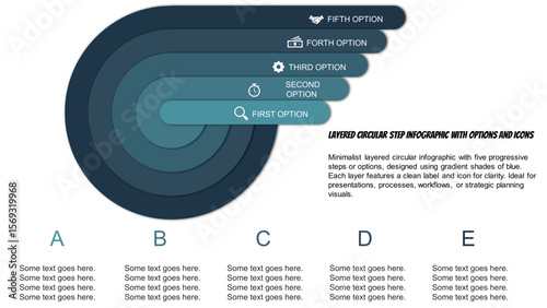 Layered Circular Step Infographic with Options and Icons. Fully editable modern infographic vector elements SVG file compatible with PowerPoint, Illustrator, and most vector-based applications.
