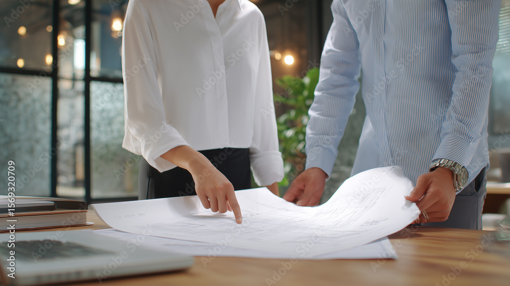 Fototapeta premium 二人のアジア人が書類を確認するオフィス場面