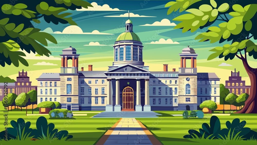 Obraz premium Trinity College Dublin, Ireland – Stone quadrangles and the famous Long Room library exude literary legacy and academic pride in leafy surroundings.