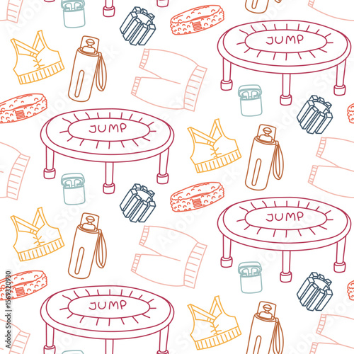 Pattern of fitness, sports. Trampoline, water bottle, clothing, and weights. Seamless colored doodle. Design of packaging and posters. Suitable for projects about sports, nutrition, active lifestyle