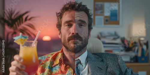 split screen photo of a man divided in half. on the left he is on vacation on a beach in hawaiian shirt with cocktail. on the right he is in corporate business suit in office cubicle
