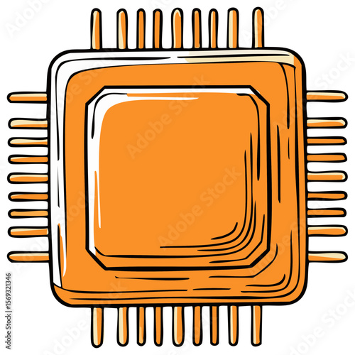 Orange computer chip doodle, processor illustration for technology and engineering concepts, hardware component isolated on black background.