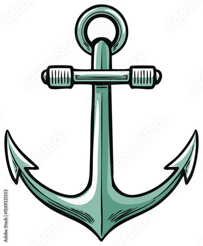 A stylized anchor in a teal color with black outlines, a nautical symbol illustration with a clean and modern look,isolated on a black background.