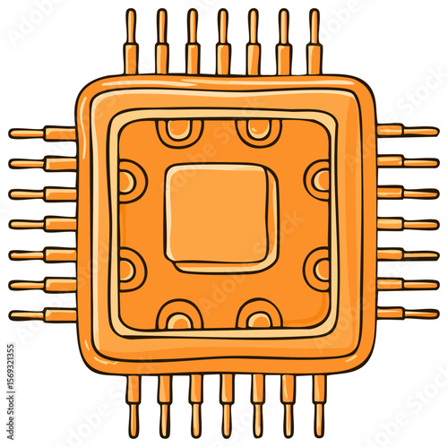 Stylized Orange CPU Illustration with Black Background, Detail-Rich Pinouts, Hand-Drawn Effect, and Isolated Electronic Component, Great for Technical Visuals