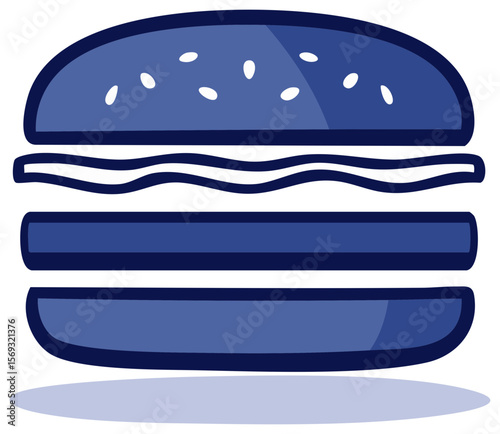 A stylized navy blue hamburger with white sesame seeds and shadow, ideal for menus, branding, or design projects
