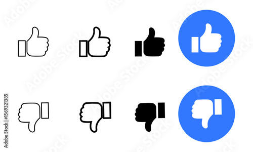 Like and dislike icon vector. Social media thumb up down. Outline, solid, and circular styles for feedback and reactions like and dislike social network pictograms isolated on transparent background.