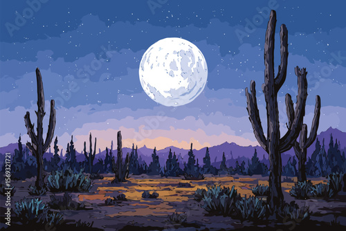 Moonlit desert with cacti isolated