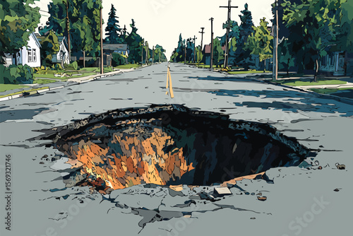 Sinkhole in the middle of road isolated