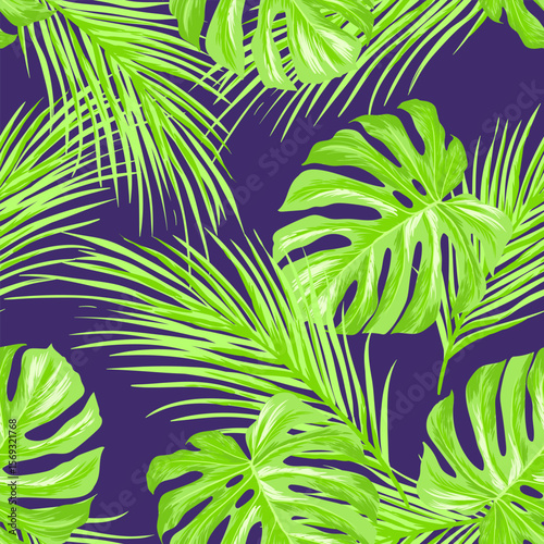 Green tropical palm leaves seamless vector pattern on the black background.Trendy summer print.	