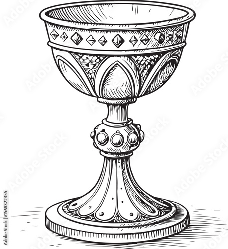 antique goblet Vector Illustration, Sketch Drawing Line Linear Symbol Icon Engraving Coloring Book, Hand-drawn Black and White Isolated