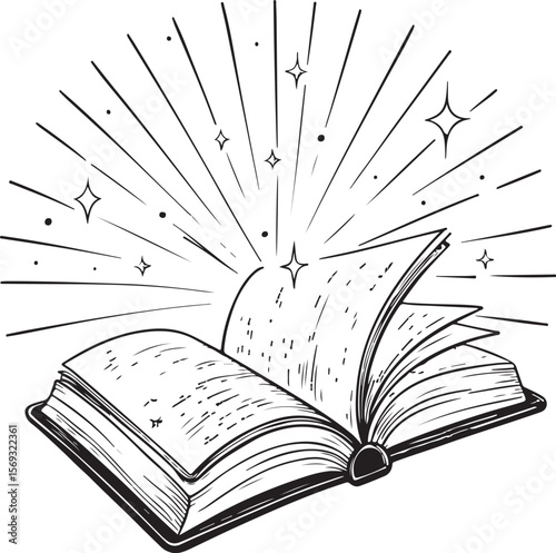 book and light rays Vector Illustration, Sketch Drawing Line Linear Symbol Icon Engraving Coloring Book, Hand-drawn Black and White Isolated