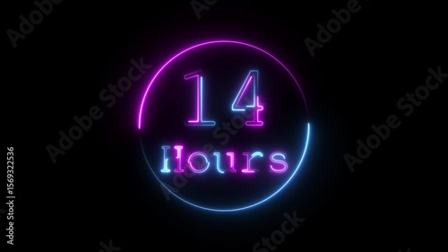Abstract neon 14 hours animation. Digital and analog clock 14 hours isolated on black background. waiting time animation (4K) , 14 hours