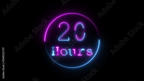 Abstract neon 20 hours animation. Digital and analog clock 20 hours isolated on black background. waiting time animation (4K) , 20 hours