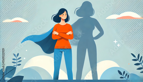 An empowering flat-style illustration of a confident woman standing with her arms crossed, wearing a bright orange sweater and blue pants