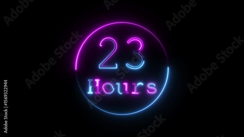 Abstract neon 23 hours animation. Digital and analog clock 23 hours isolated on black background. waiting time animation (4K) , 23 hours