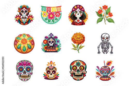 Colorful sugar skulls marigold flowers skeleton day of the dead