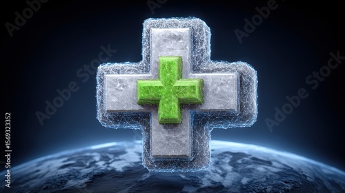 A striking 3D rendering of a green medical cross symbol on a dark background, representing health and wellness