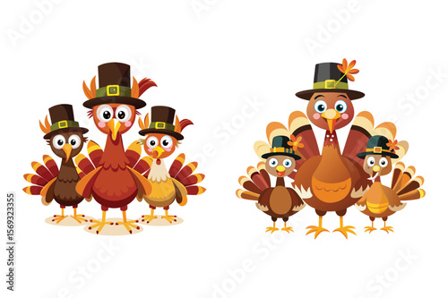 Cartoon turkeys wearing pilgrim hats thanksgiving bird