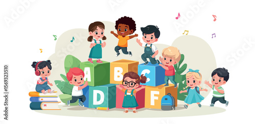 happy kids studying and playing educational banner cartoon vector illustration