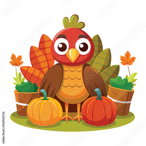 Cartoon turkey with pumpkins and autumn leaves fall
