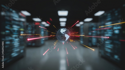 Global Network: Data streams converge on a central globe, symbolizing interconnectedness in a high-tech server room with blurred lights and depth of field.