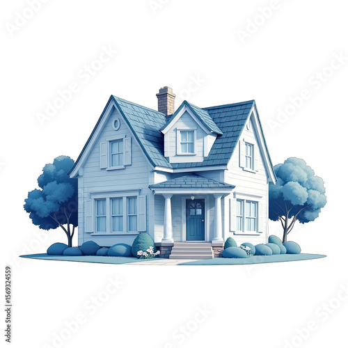 3d A cartoonish light blue house with blue shutters and roof isolated on transparent background