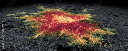 A vibrant heat map illustrating urban activity, showcasing densely populated areas in red, transitioning to cooler colors indicating less activity across the cityscape.